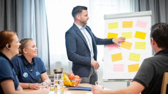 Un uomo si trova davanti un flipchart con foglietti colorati e discute di un nuovo progetto con i colleghi del suo team.
