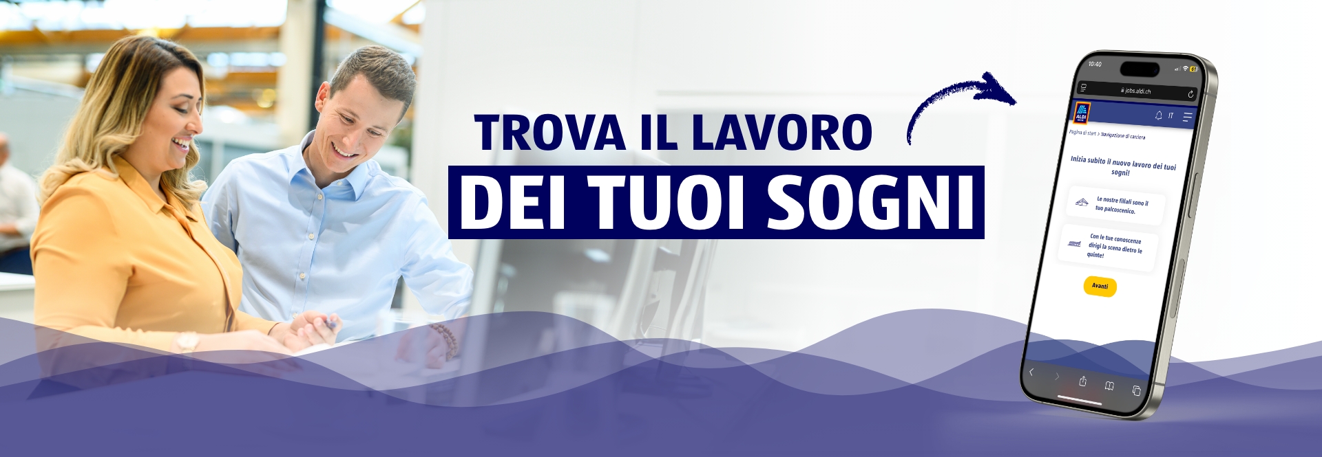 Una Donna e un uomo stanno ridendo. Nella foto c'e' scritoo: Trova il tuo lavroo dei sogni.