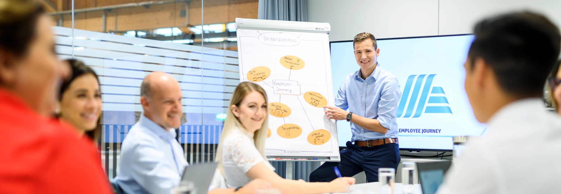 Un team di collaboratori di ALDI Suisse siede in cerchio e discute insieme un progetto davanti una flipchart.